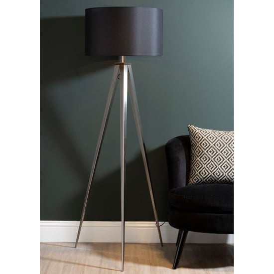 Obito Black Fabric Shade Floor Lamp With Nickel Tripod Base