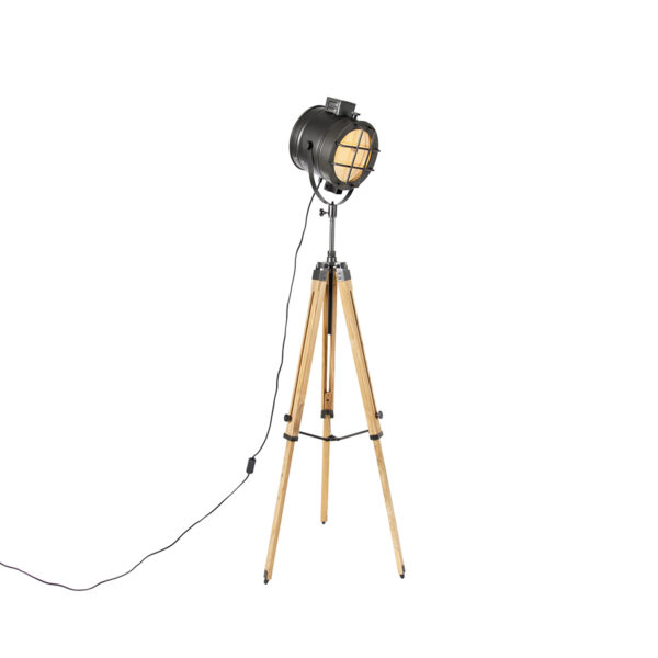 Tripod floor lamp black with wood studio spot - Shiny