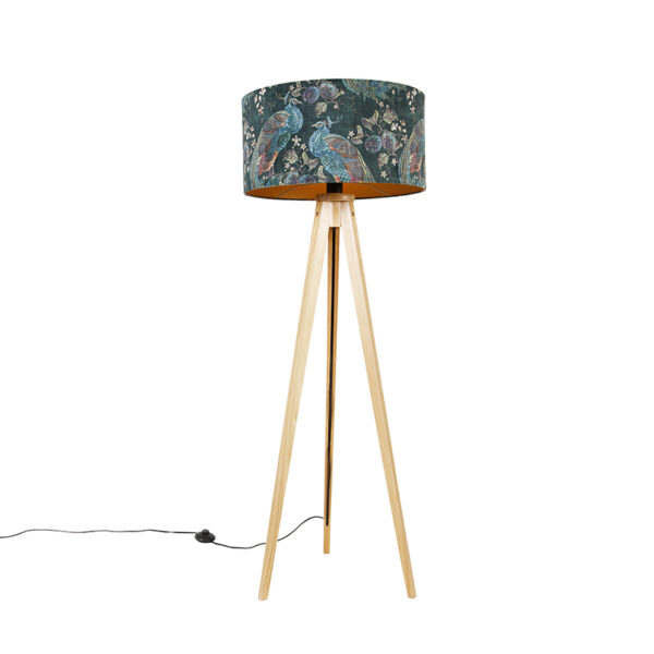 Modern floor lamp wood fabric shade peacock 50 cm - Tripod Classic