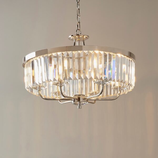 Stunning 6 Light Ceiling Chandelier In Bright Nickel Finish With Clear Cut Glass