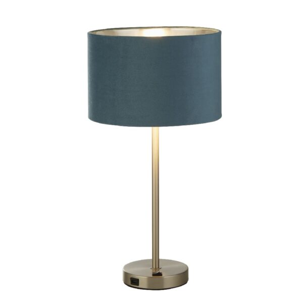 Finn Teal Velvet Shade Table Lamp With USB In Satin Nickel