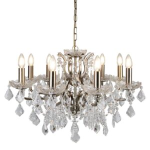 Searchlight 8738-8AB Paris Eight Light Ceiling Chandelier In Antique Brass With Crystal Glass