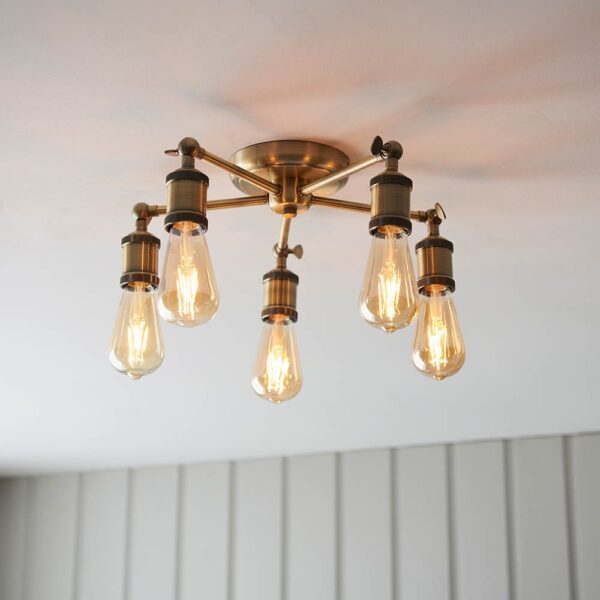 Halifax 5 Light Semi-Flush Pendant Ceiling Light In Antique Brass