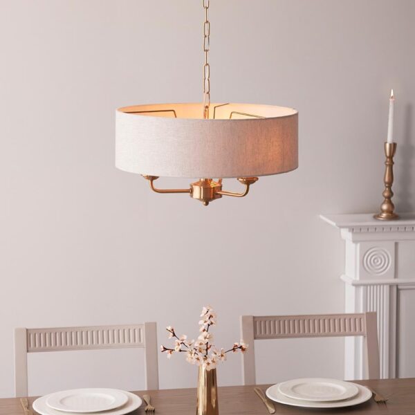 Hixson 3 Light Natural Fabric Pendant Ceiling Light In Brass