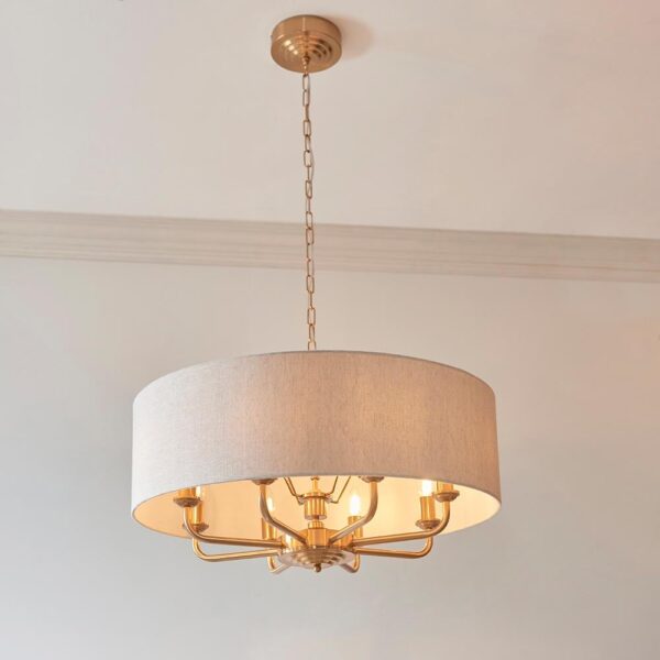 Hixson 8 Light Natural Fabric Pendant Ceiling Light In Brass