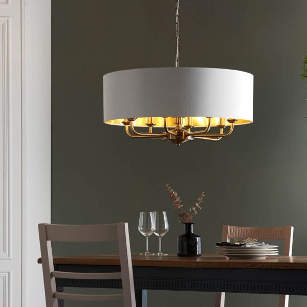 Hixson 8 Light White Fabric Pendant Ceiling Light In Brass