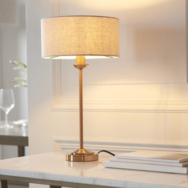 Hixson Natural Fabric Shade Table Lamp In Aged Brass