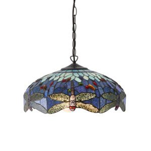 Interiors 1900 64080 Dragonfly Blue Tiffany Medium 3 Light Ceiling Pendant In Bronze