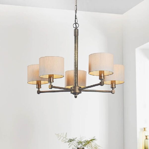 Ithaca 5 Light Natural Fabric Pendant Ceiling Light In Bronze