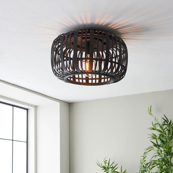 Murray Dark Bamboo Wood Flush Ceiling Light In Matt Black