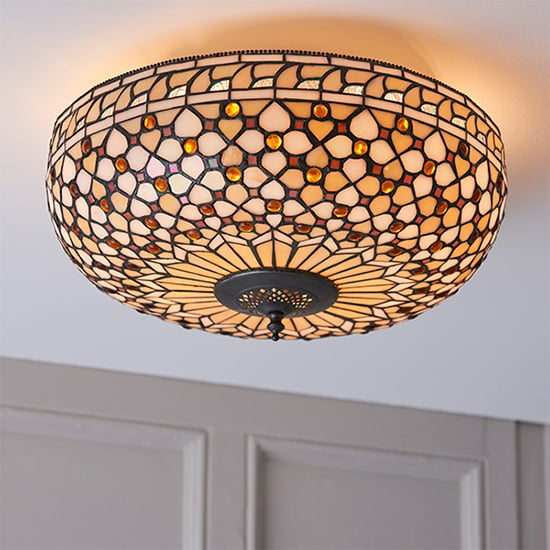 Mille Feux Tiffany Glass 2 Lights Flush Ceiling Light In Bronze